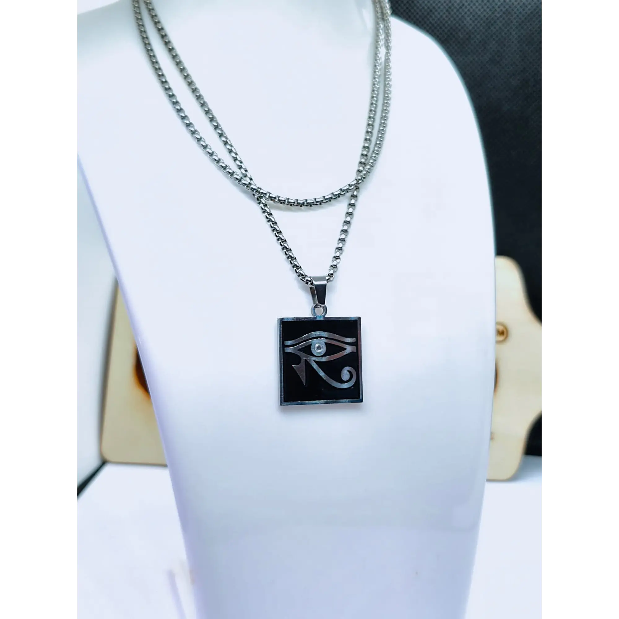 Eye of Horus Necklace in Stainless Steel – Black Square Pendant 1