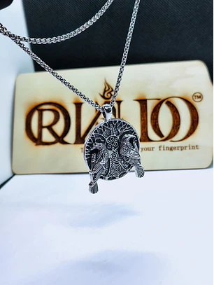 Colar Viking Corvos de Odin e Árvore da Vida (Yggdrasil) em Prateado Envelhecido