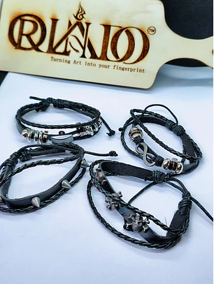 Pack 4 Pulseiras de Couro Sintético Ajustáveis – Estilo Punk, Rock e Casual (Preto)