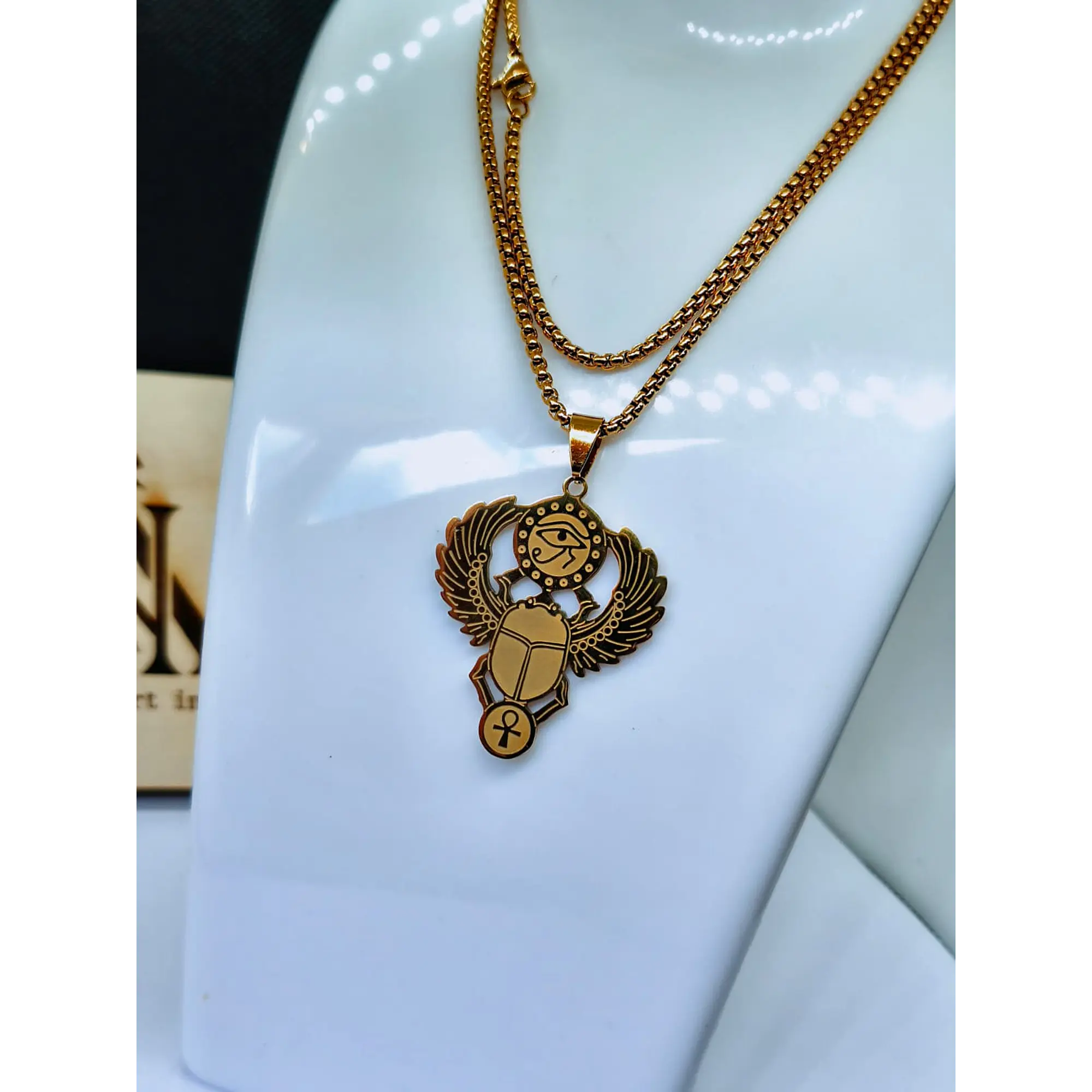 Colar Escaravelho Egípcio Alado com Olho de Hórus e Ankh 9