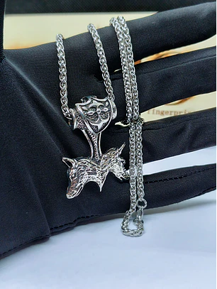 Colar Viking Mjölnir e Lobos – Corrente Espiga em Aço Prateado