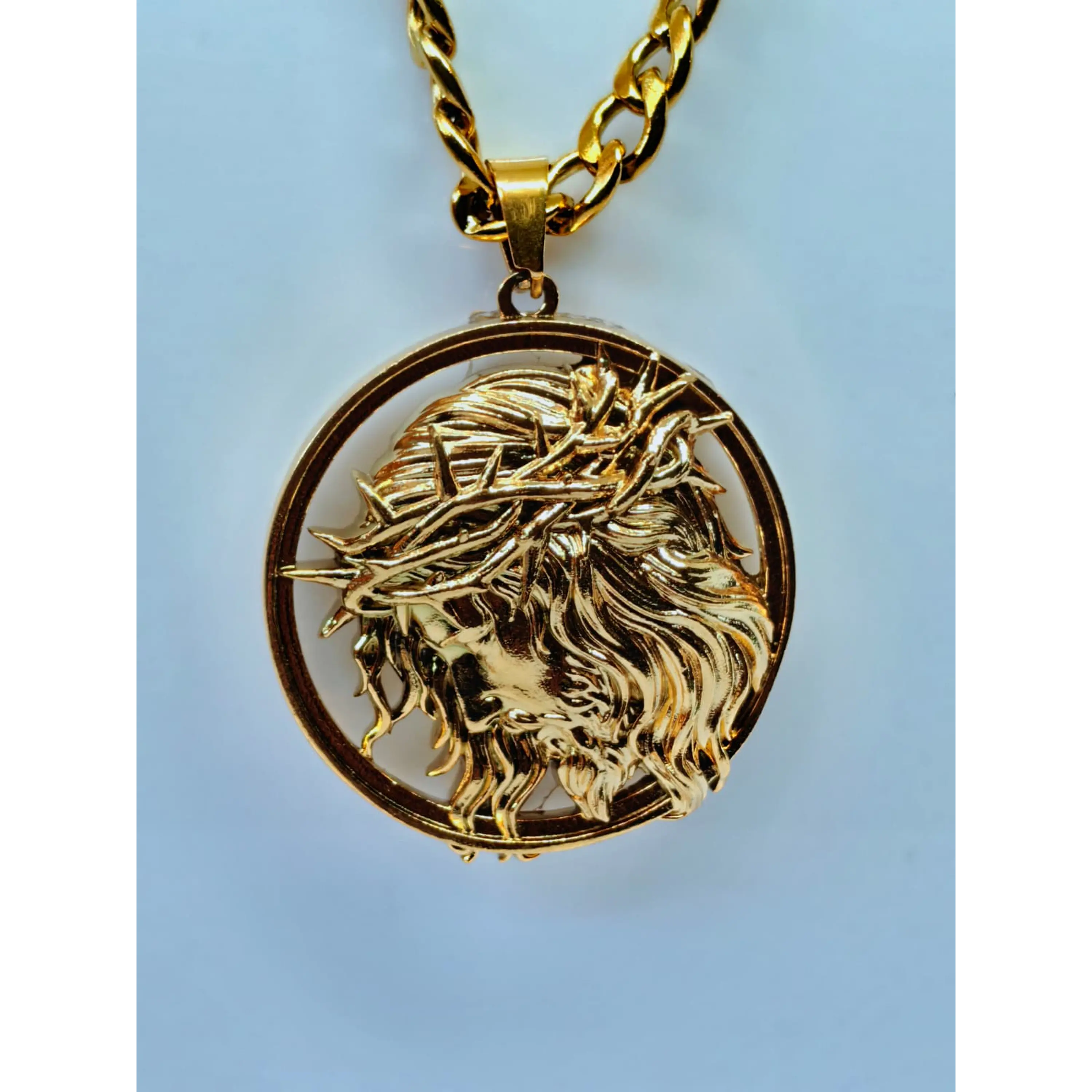 Medalha Face de Cristo em Alto Relevo com Corrente Elo Grumet/Baiano 8