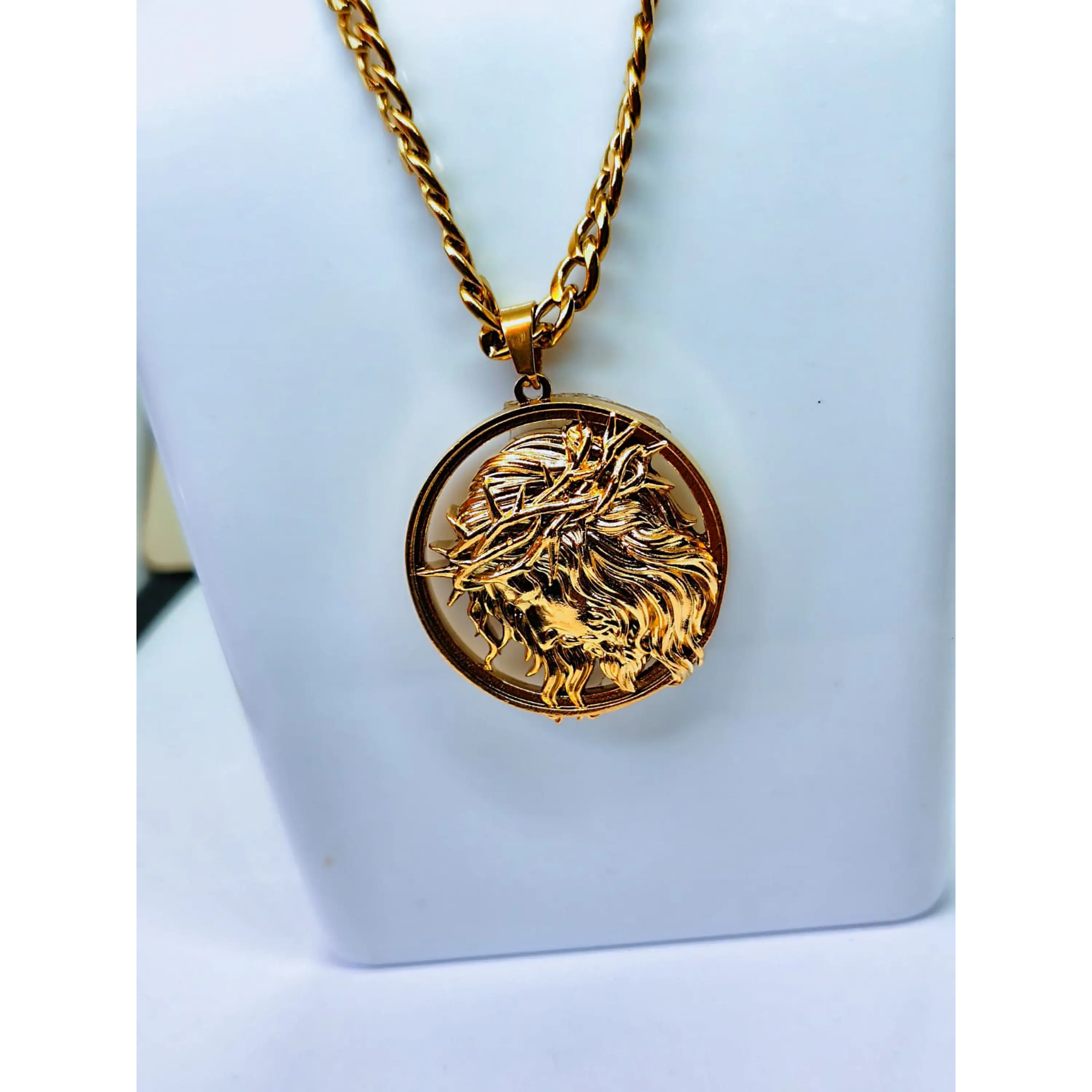 Medalha Face de Cristo em Alto Relevo com Corrente Elo Grumet/Baiano 10