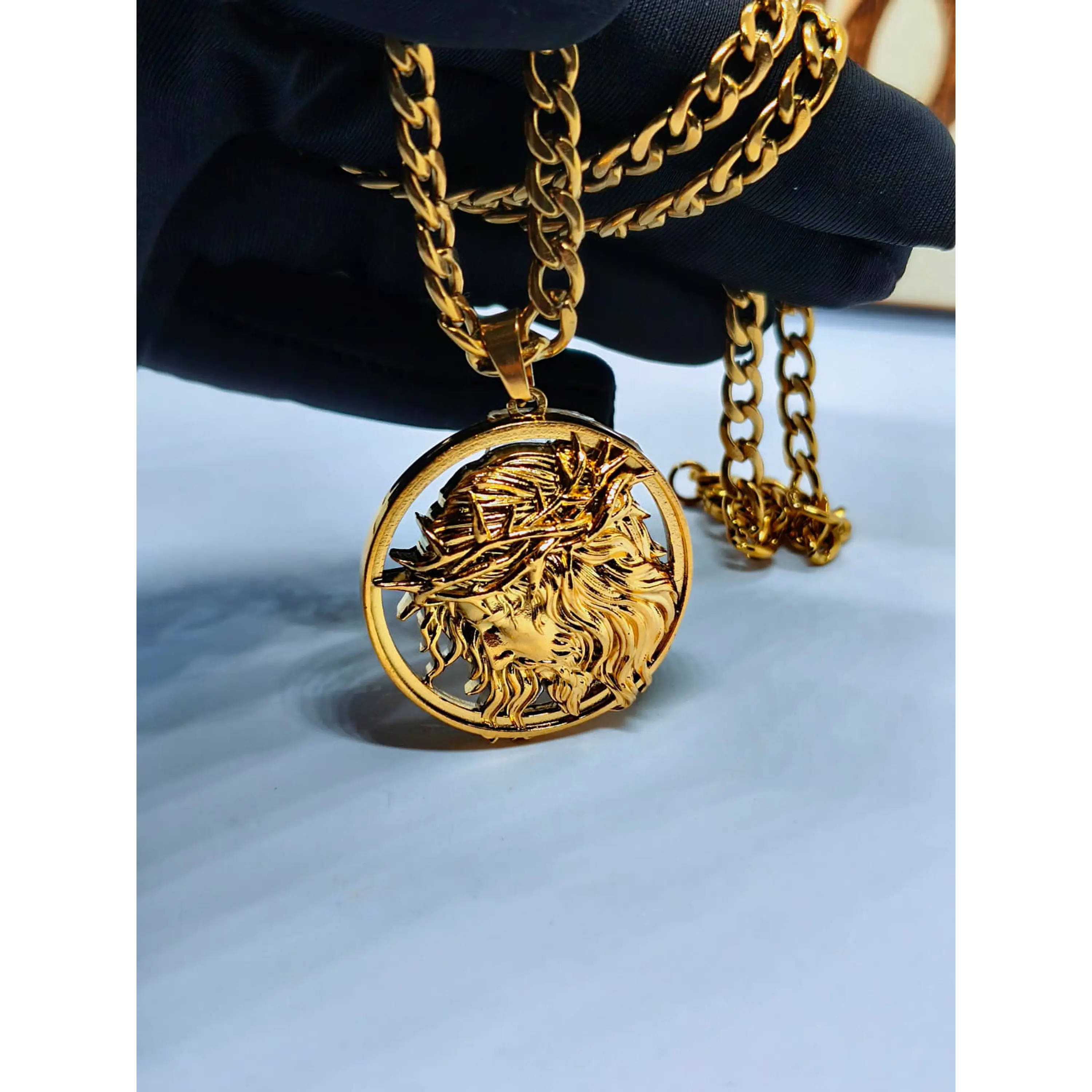 Medalha Face de Cristo em Alto Relevo com Corrente Elo Grumet/Baiano 2