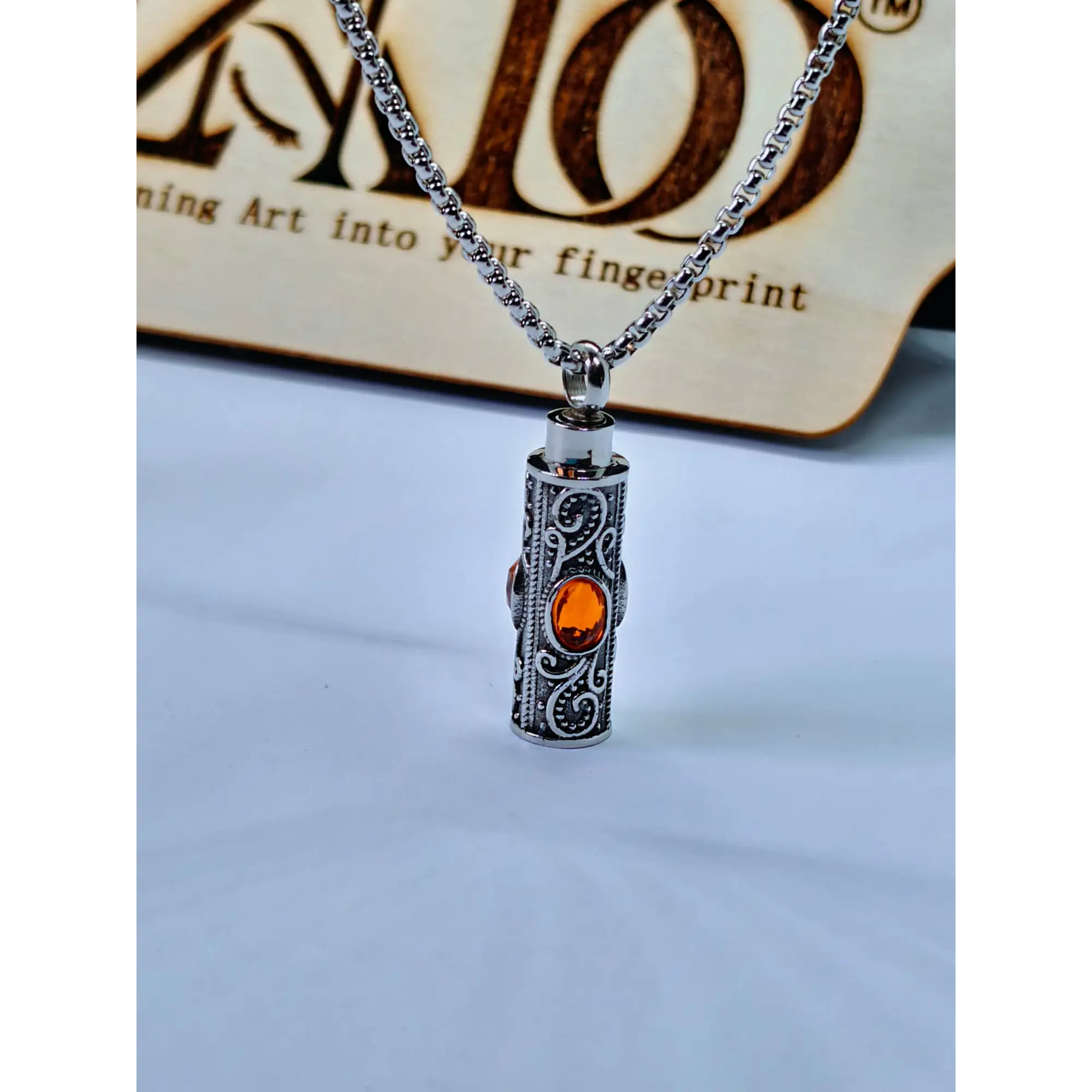 Cylindrical Urn Locket Necklace with Vintage Details and Amber Stone 3