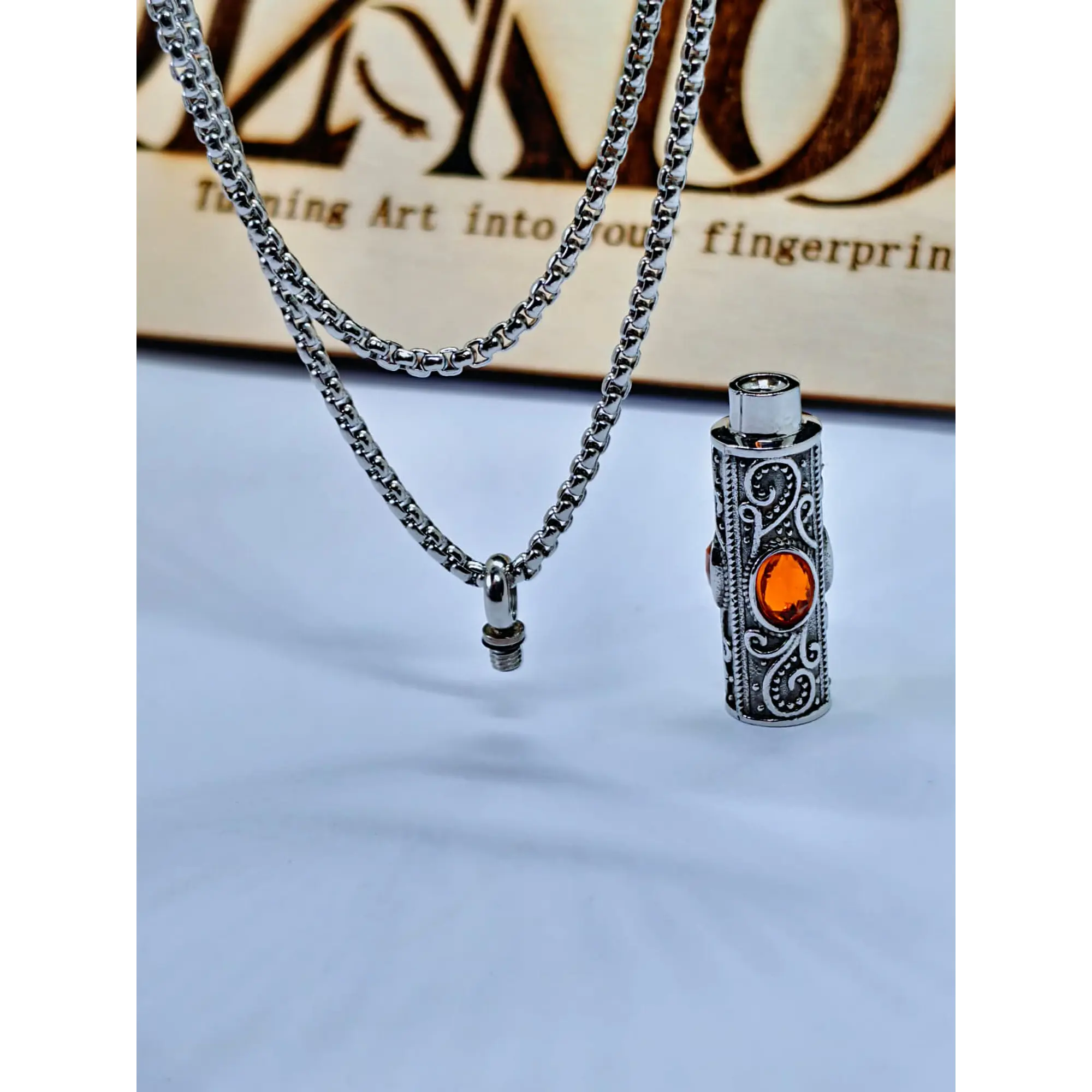Cylindrical Urn Locket Necklace with Vintage Details and Amber Stone 4