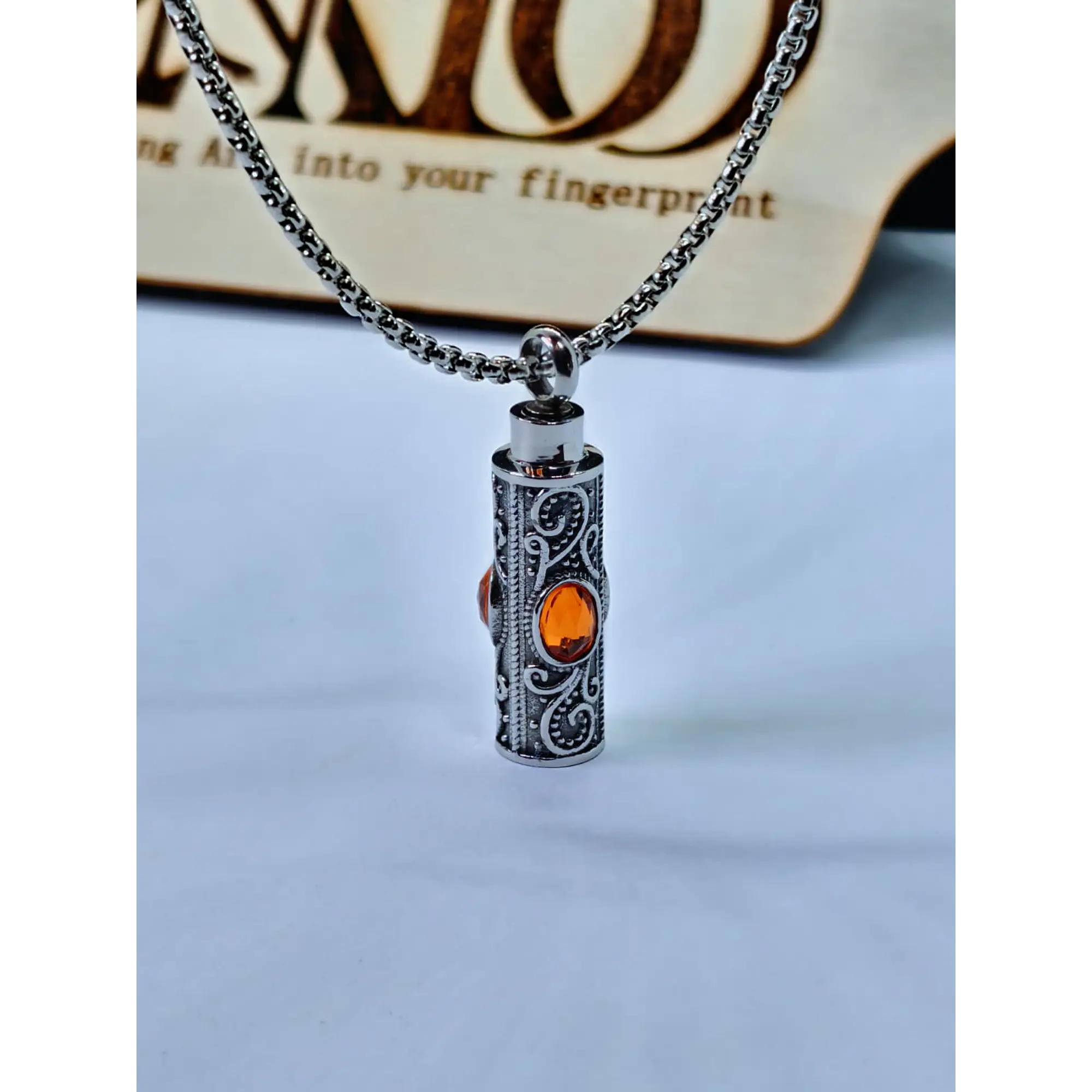 Cylindrical Urn Locket Necklace with Vintage Details and Amber Stone 12