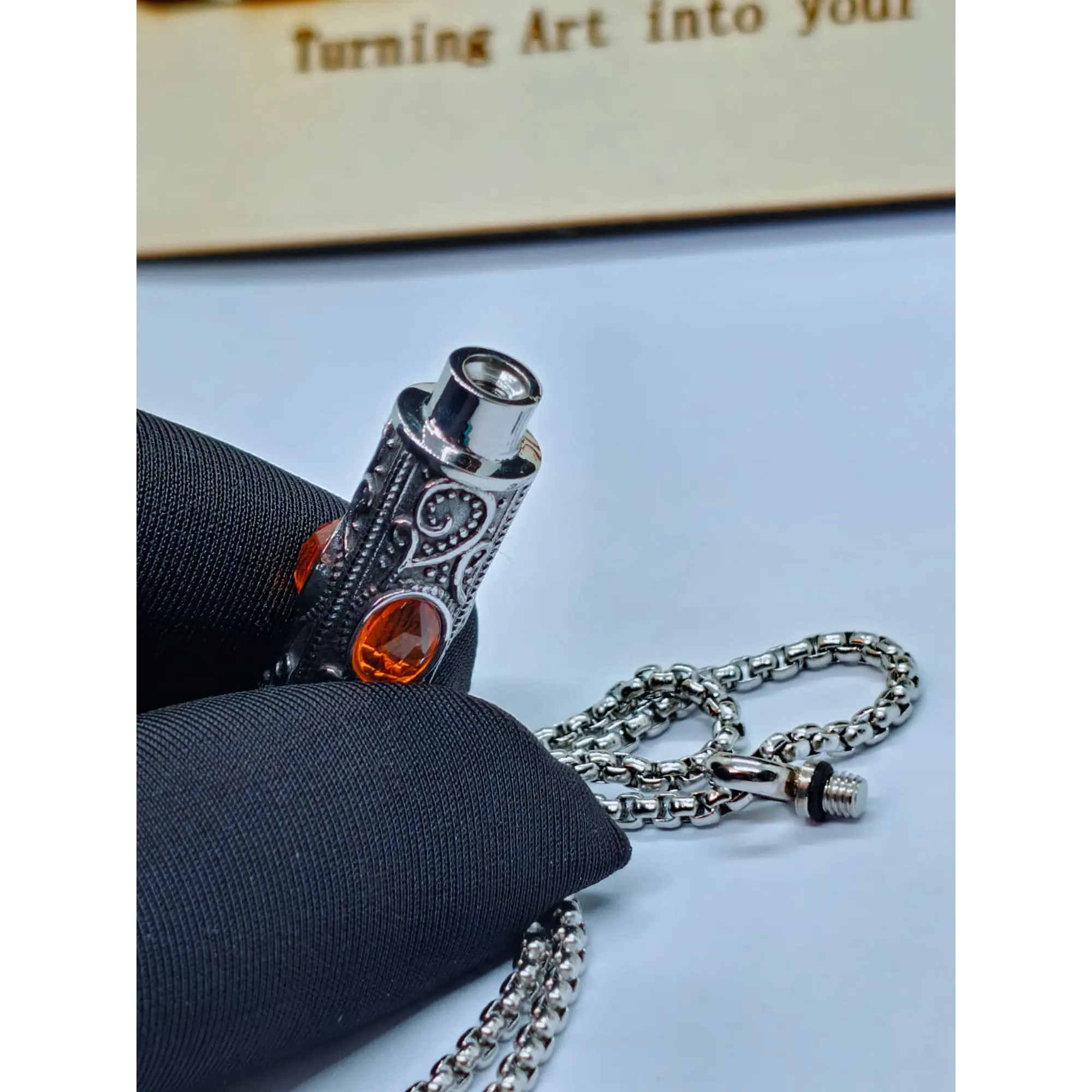 Cylindrical Urn Locket Necklace with Vintage Details and Amber Stone 2