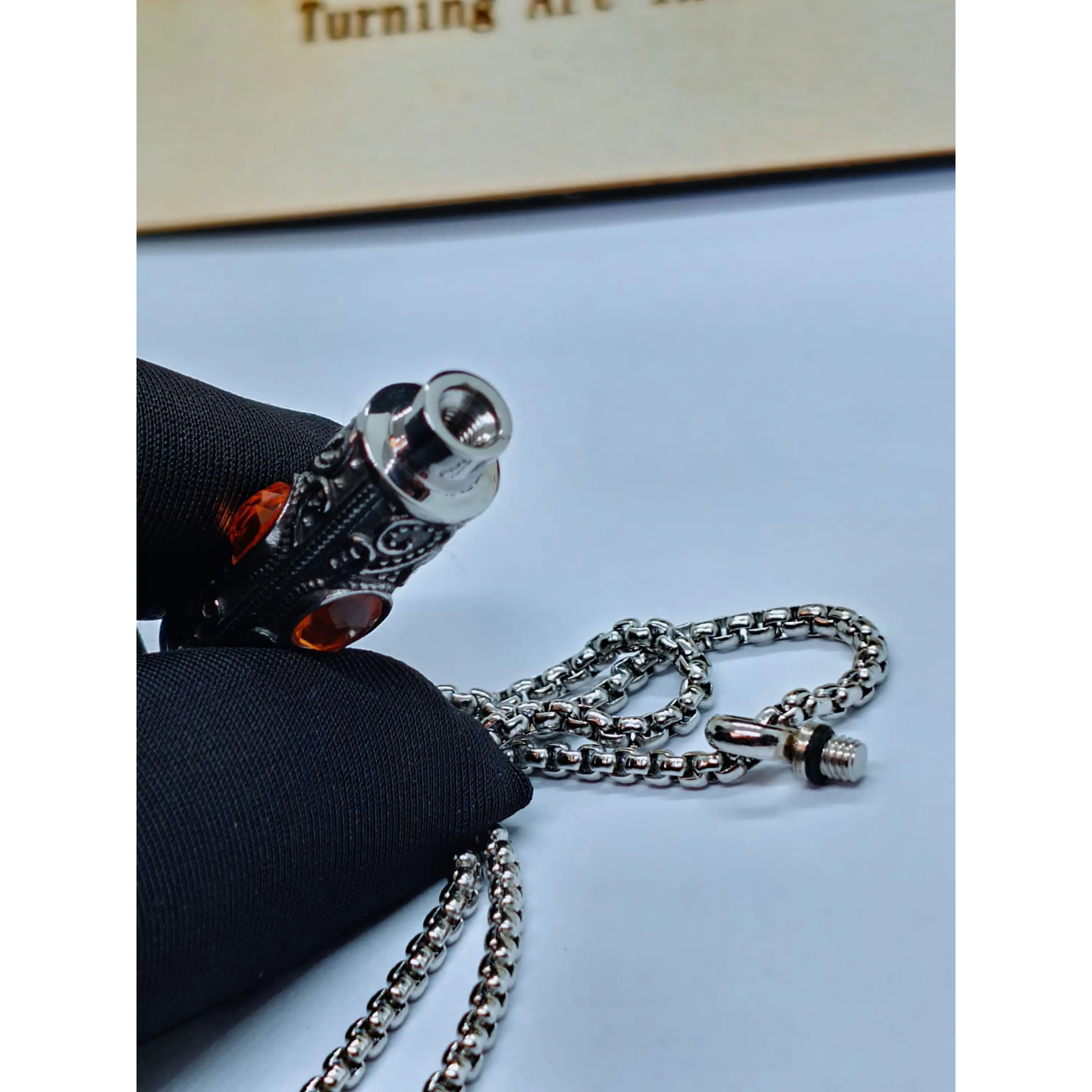 Cylindrical Urn Locket Necklace with Vintage Details and Amber Stone 5