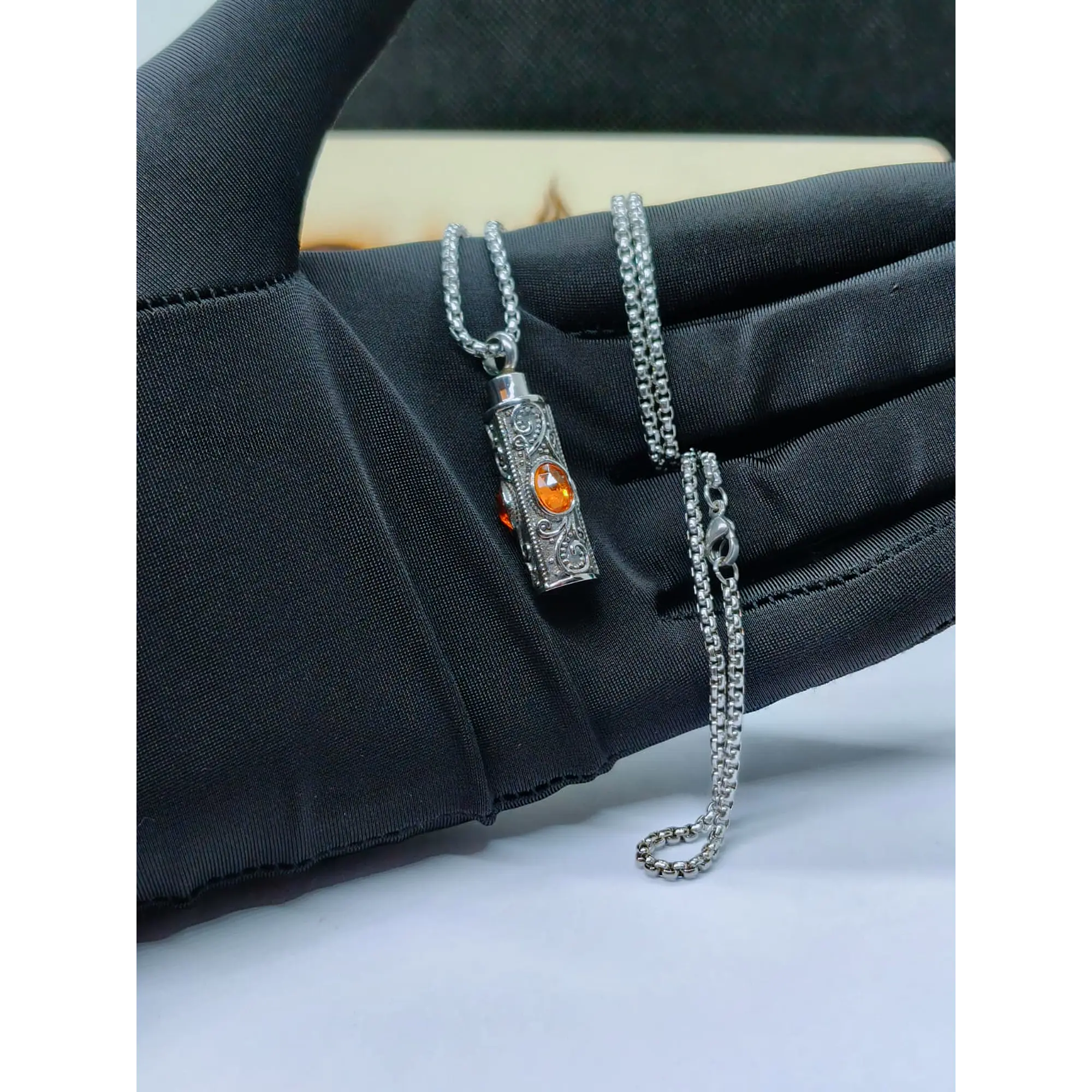 Cylindrical Urn Locket Necklace with Vintage Details and Amber Stone 9