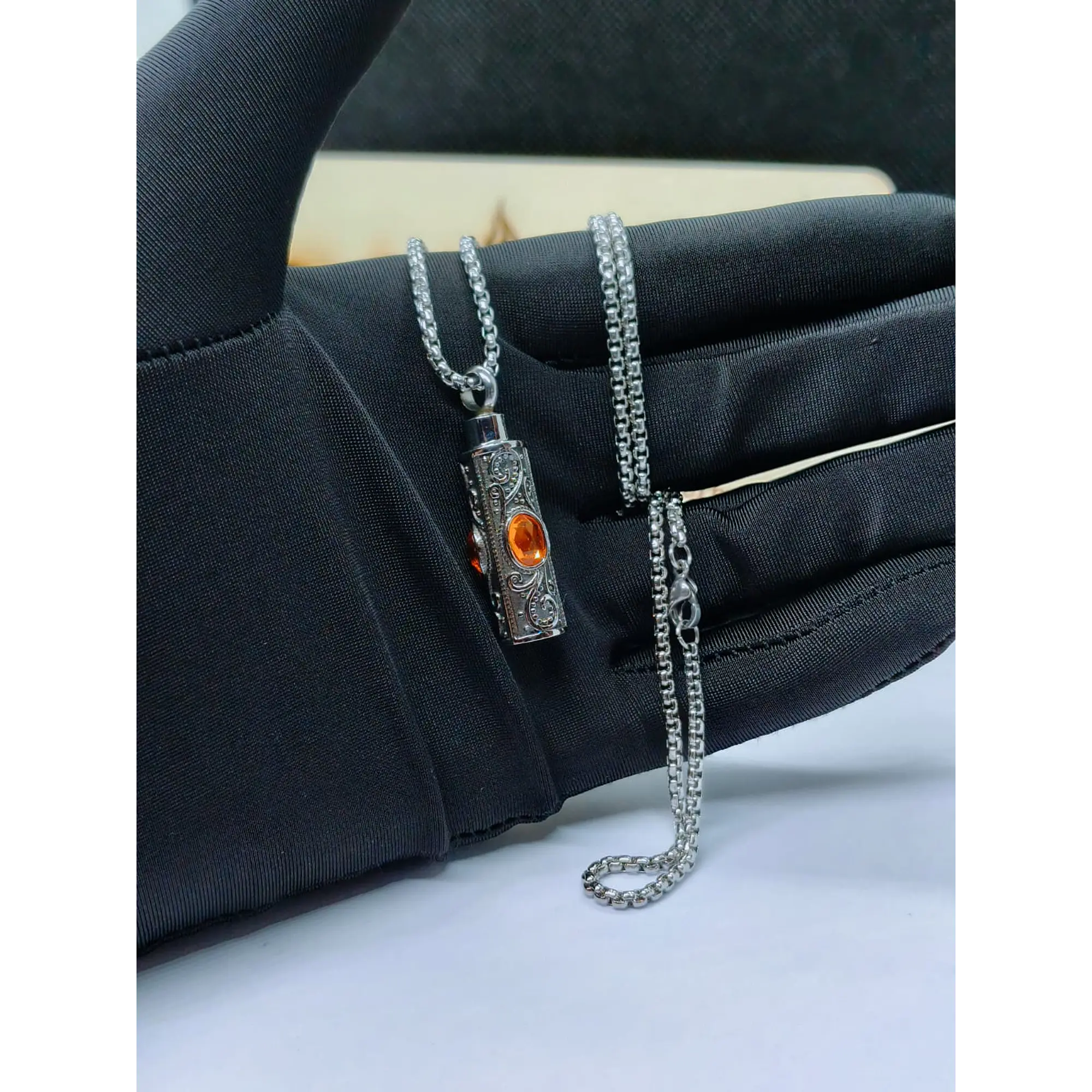 Cylindrical Urn Locket Necklace with Vintage Details and Amber Stone 11