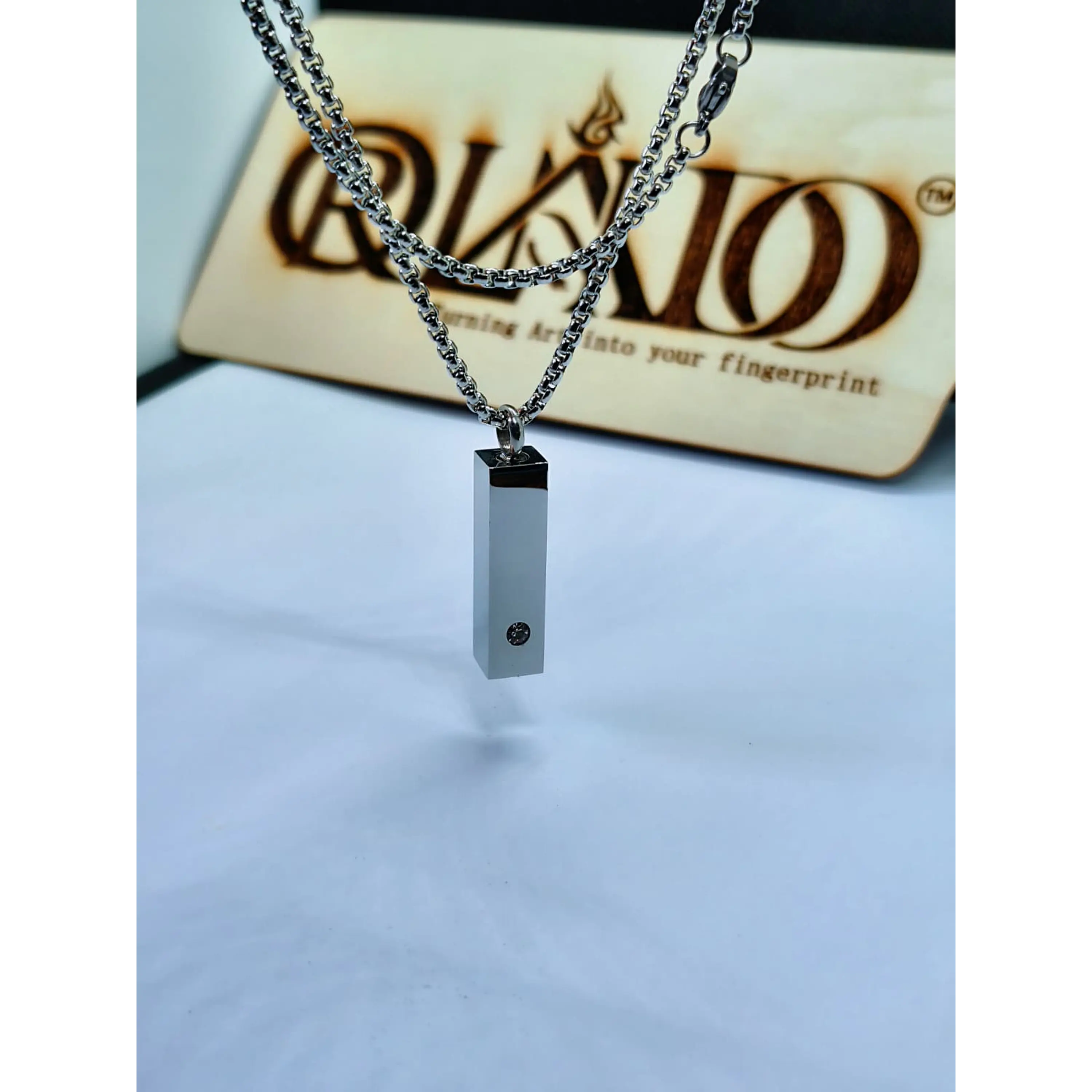 Stainless steel bar reliquary memorial necklace with crystal. 3