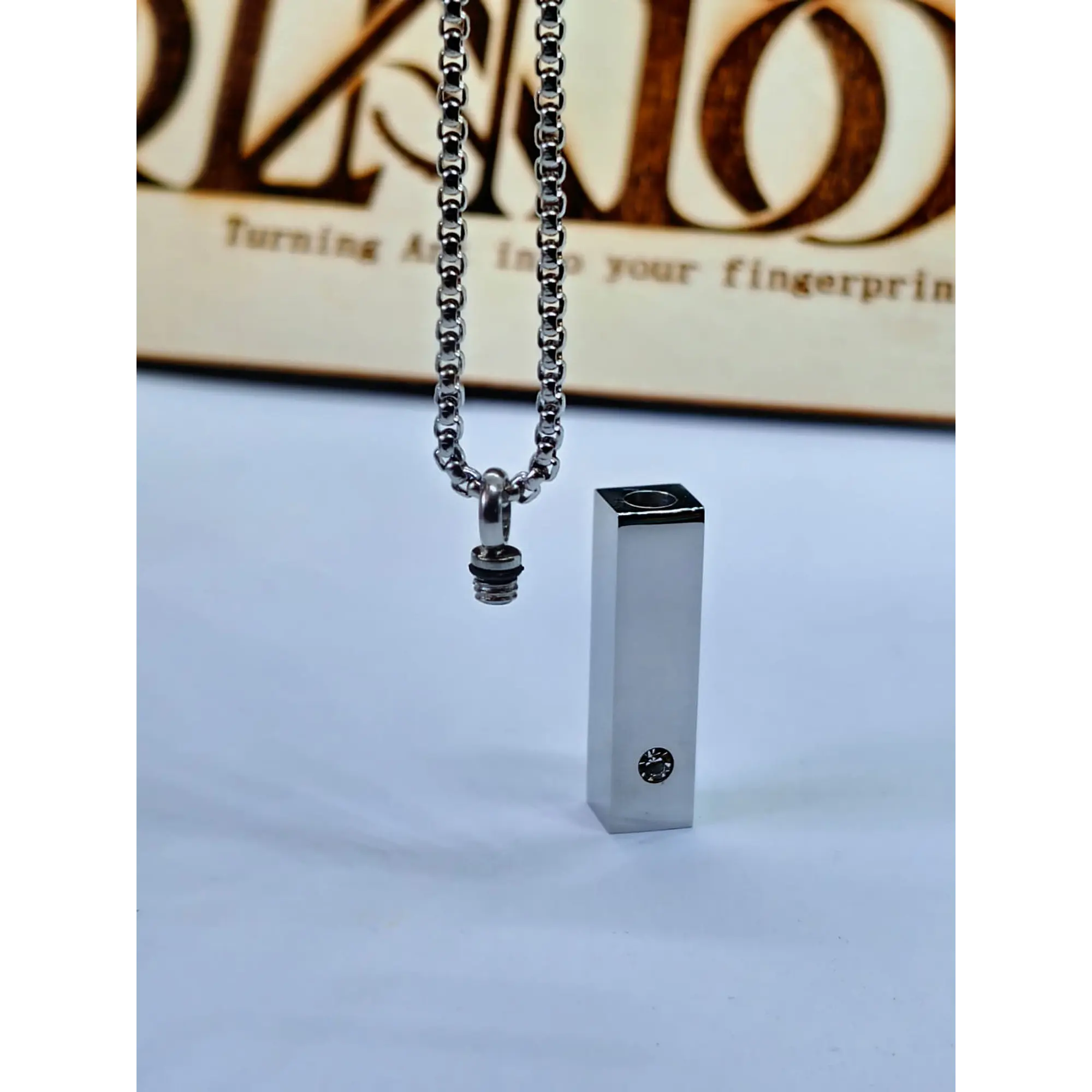 Stainless steel bar reliquary memorial necklace with crystal. 1