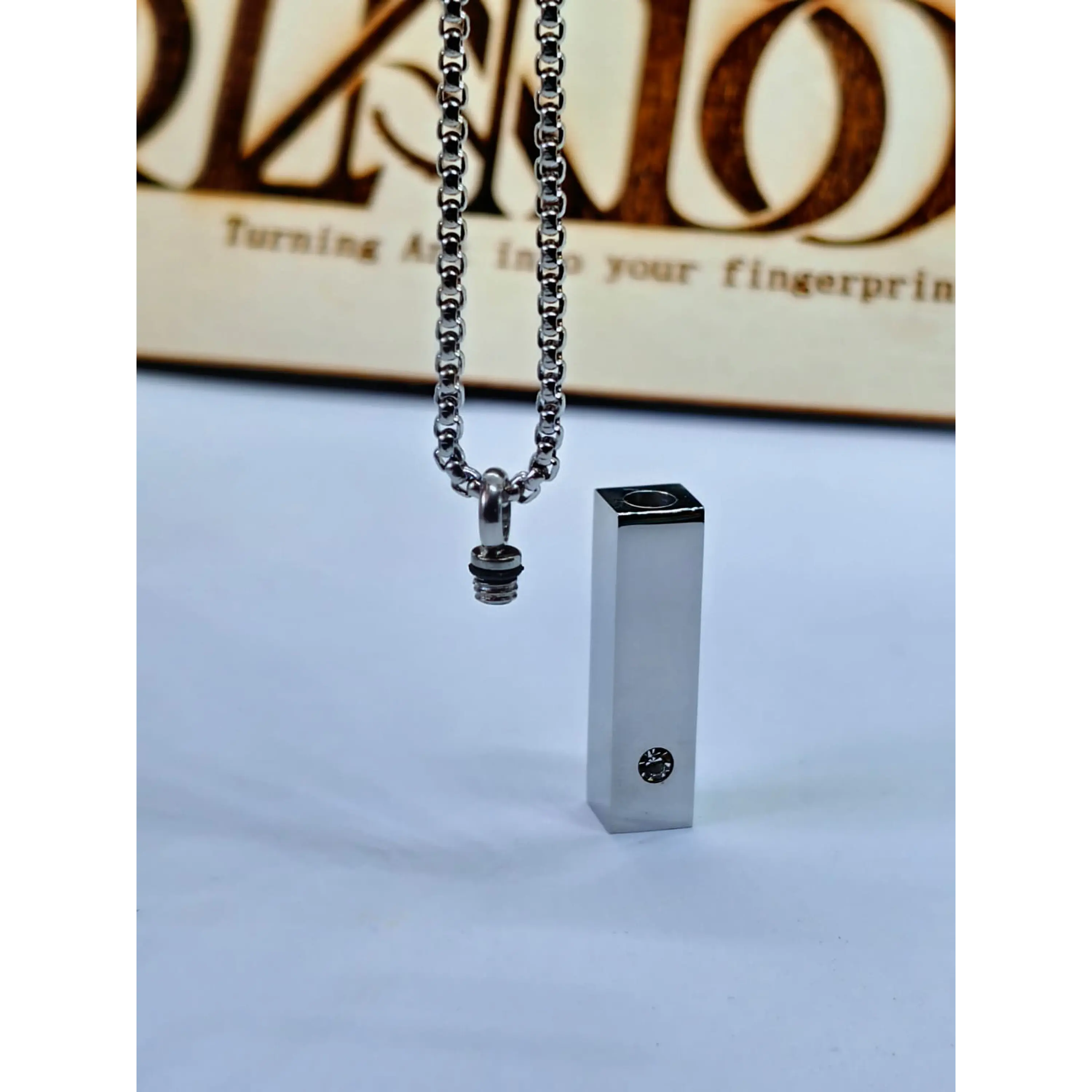 Stainless steel bar reliquary memorial necklace with crystal. 1