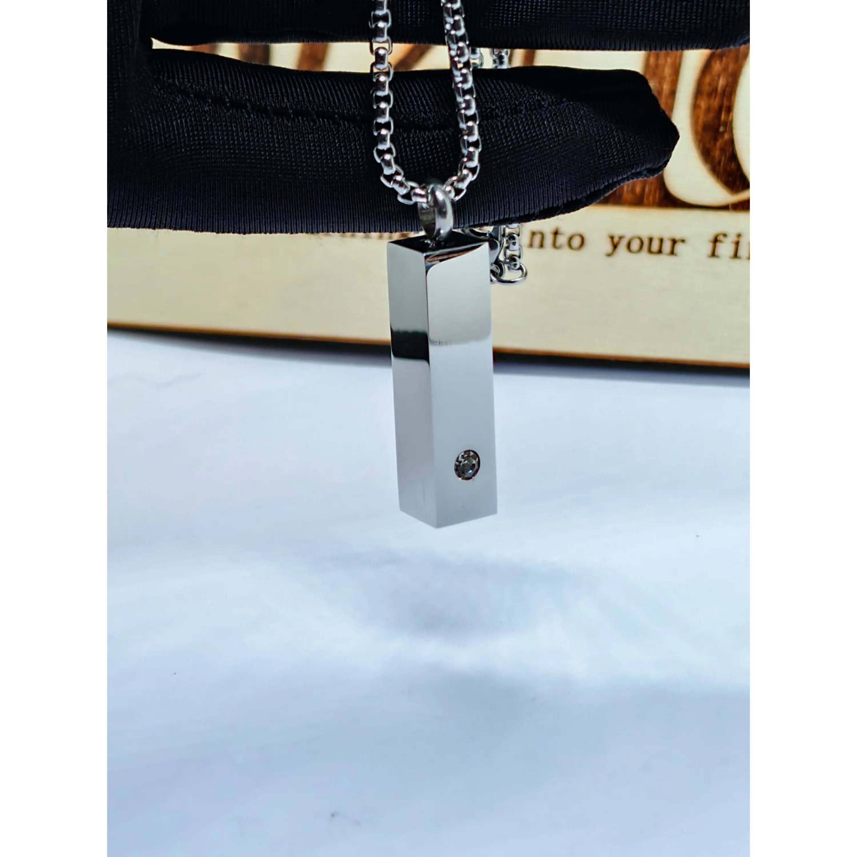 Stainless steel bar reliquary memorial necklace with crystal. 2