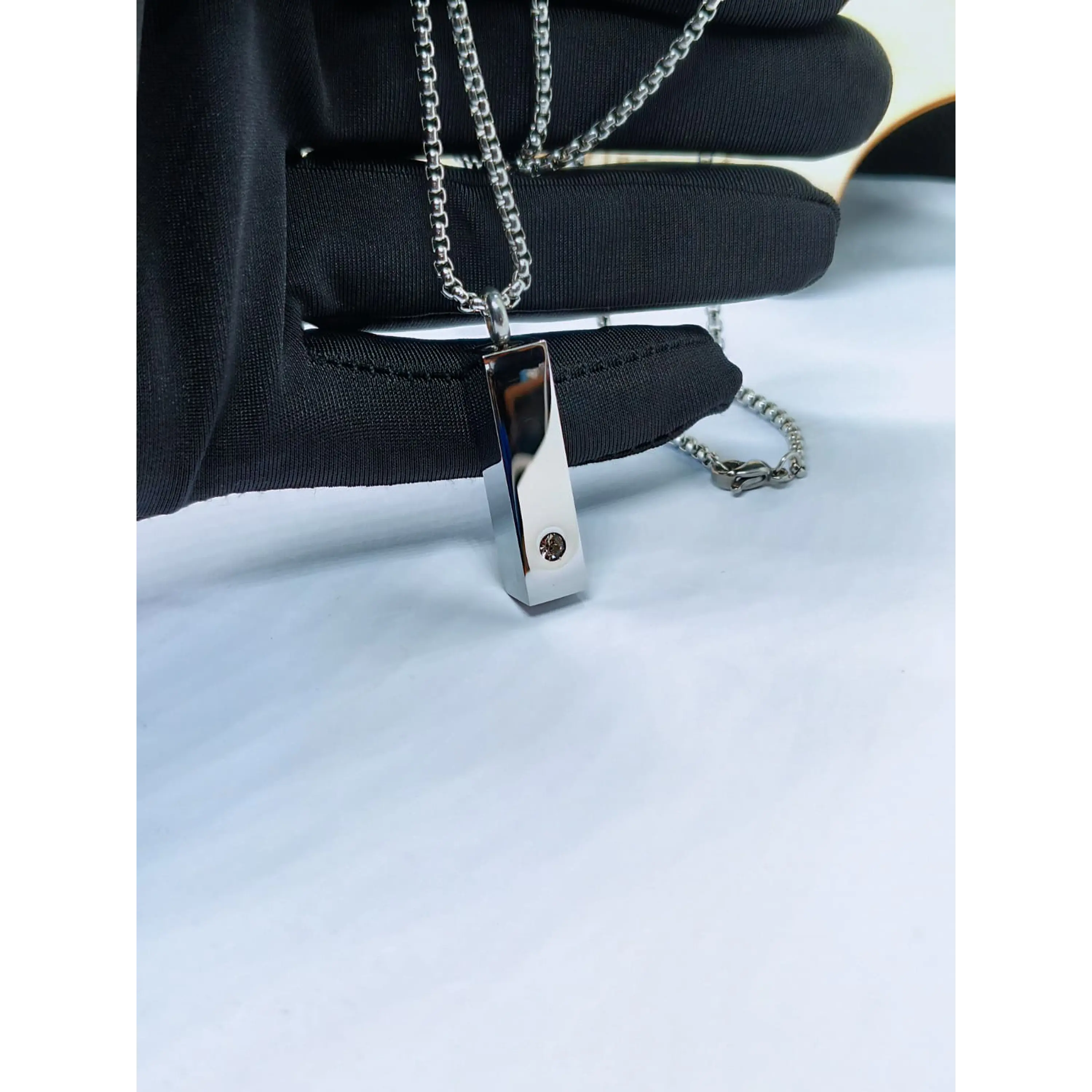 Stainless steel bar reliquary memorial necklace with crystal. 9