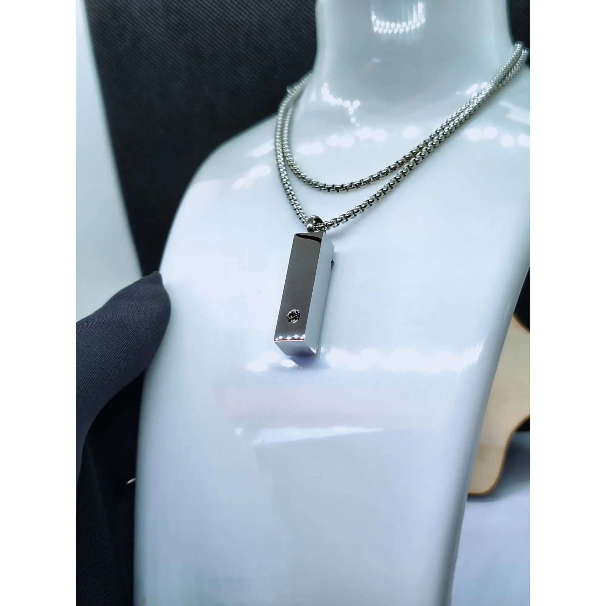 Stainless steel bar reliquary memorial necklace with crystal. 11