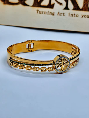 Pulseira Bracelete Árvore da Vida Dourada com Strass e Cristais Verdes