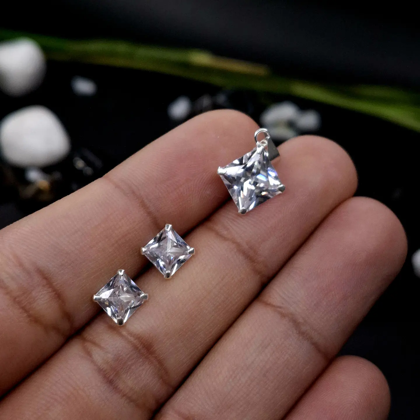 Conjunto Circones Cuadrados de Plata 925 2