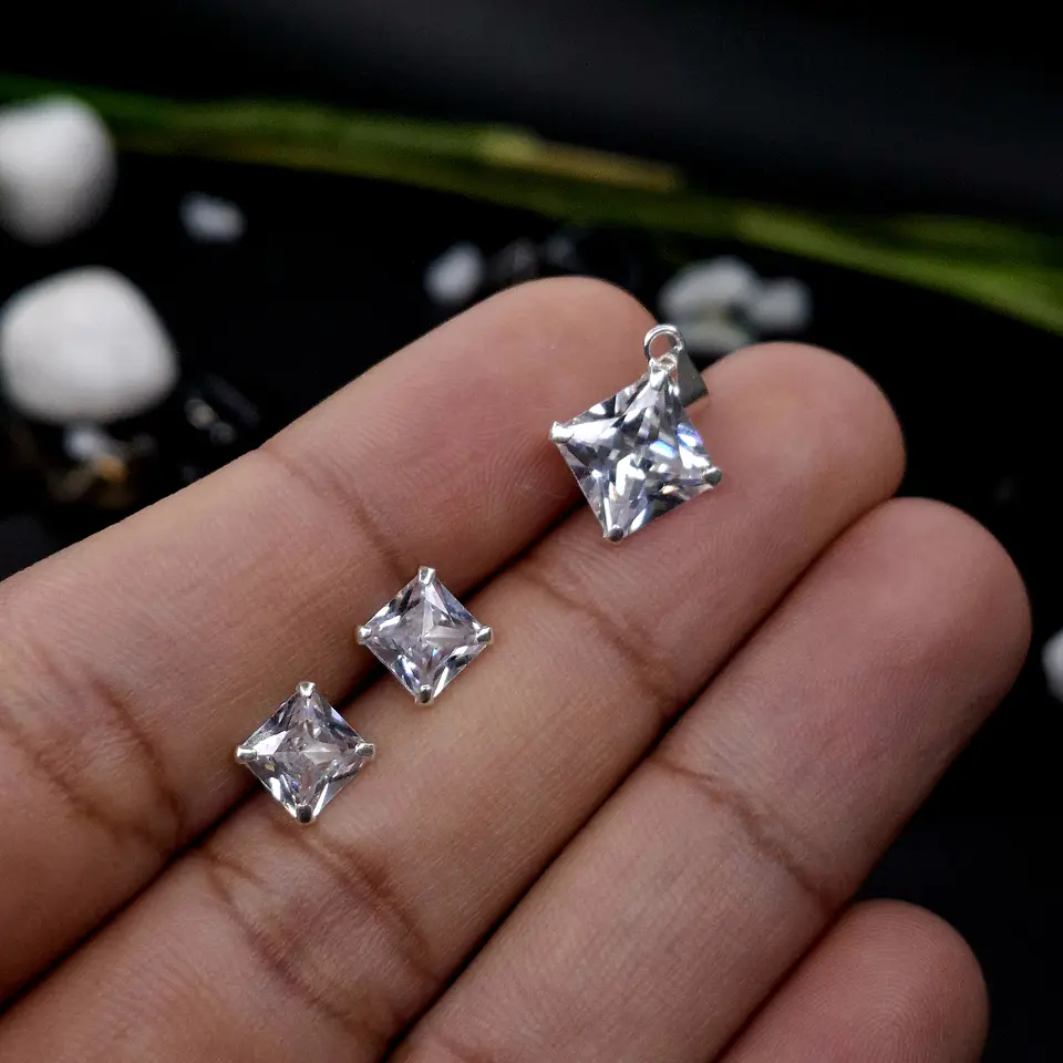 Conjunto Circones Cuadrados de Plata 925 2