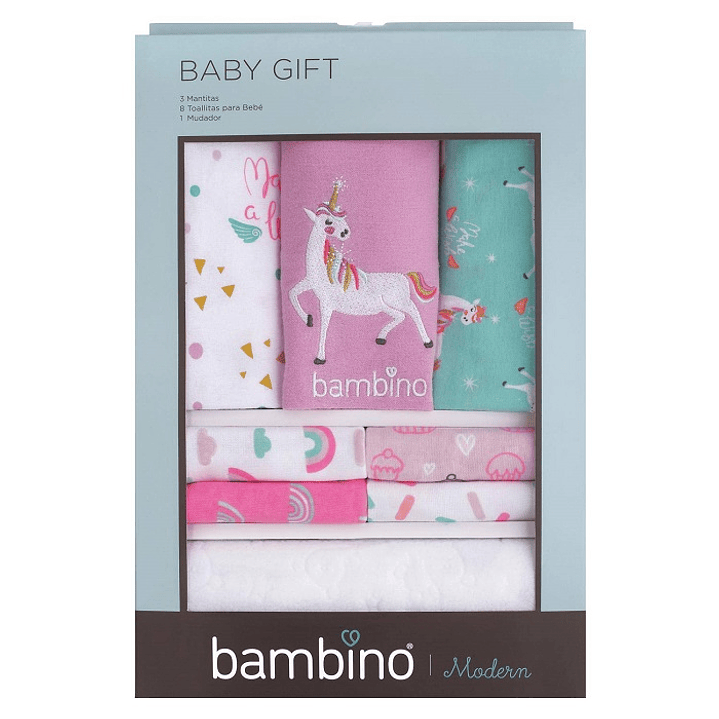 Bambino Baby Gift  - Set de Regalo 3 Mantitas/8 Toallitas para Bebé / 1 Mudador Rosa 1