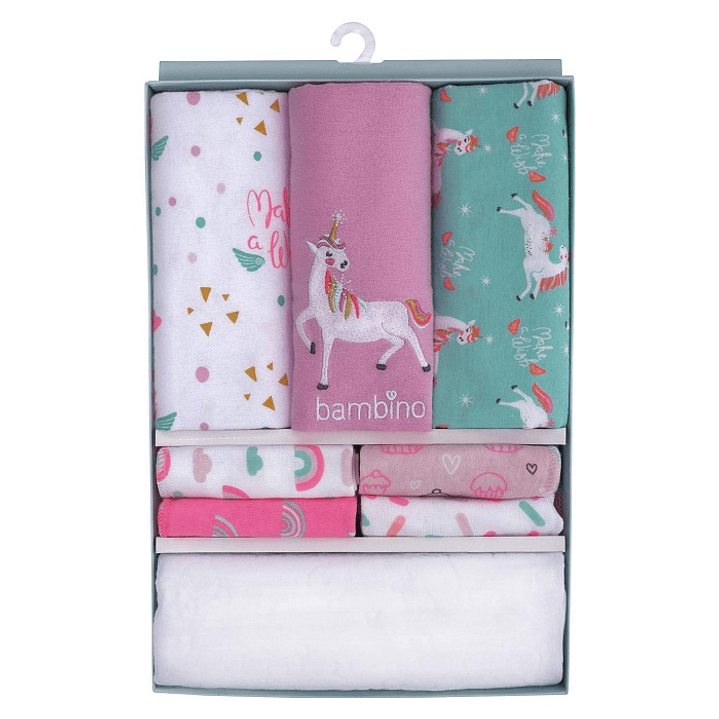 Bambino Baby Gift  - Set de Regalo 3 Mantitas/8 Toallitas para Bebé / 1 Mudador Rosa 2