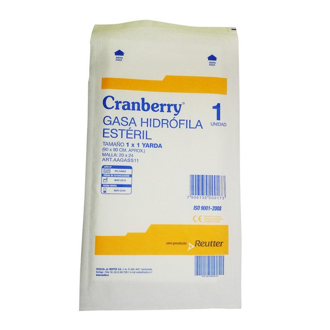 Gasa Hidróﬁla Estéril Cranberry 1×1 Yarda (90×90 cm) – AAGASS11  1