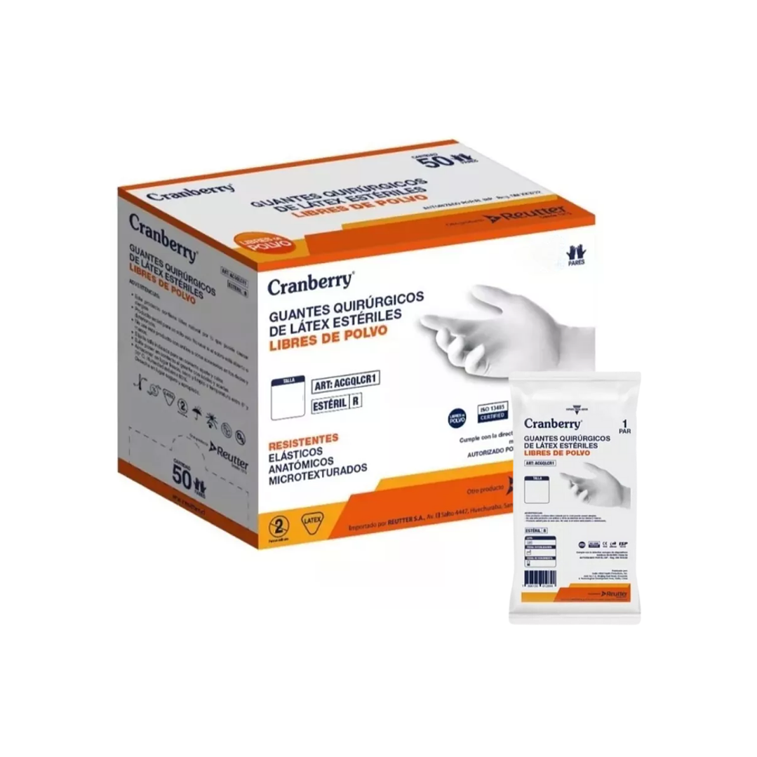 Guantes Quirúrgicos Látex Estériles Libre de Polvo - Cranberry - Tallas 1