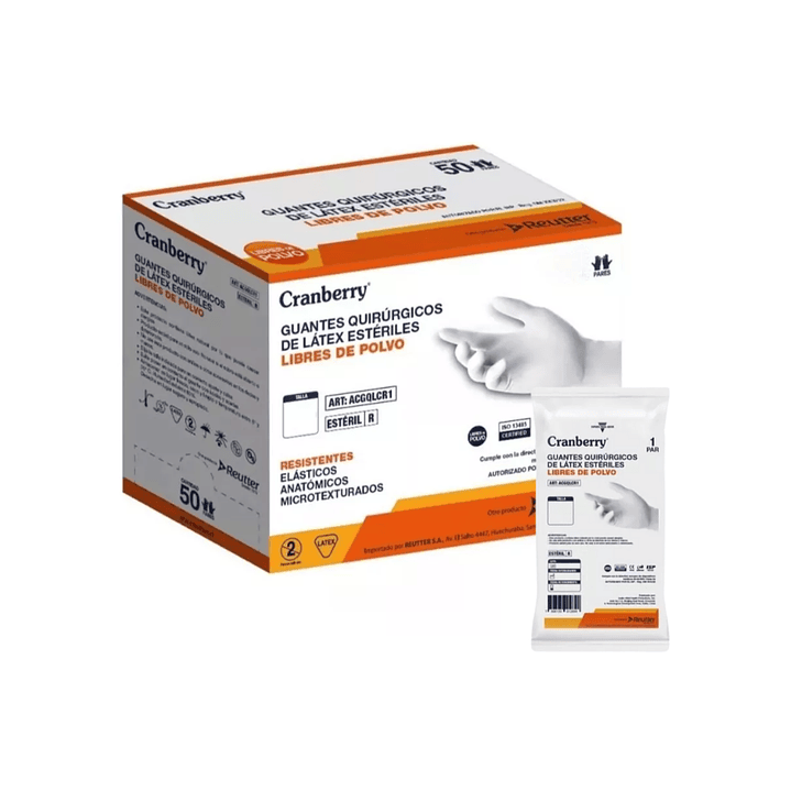 Guantes Quirúrgicos Látex Estériles Libre de Polvo - Cranberry - Tallas 1