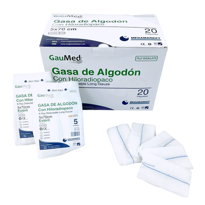 Gasa de Algodón Estéril con Hilo Radiopaco 5 x 70 cm - Gaumed - Ref. GGAL070 1