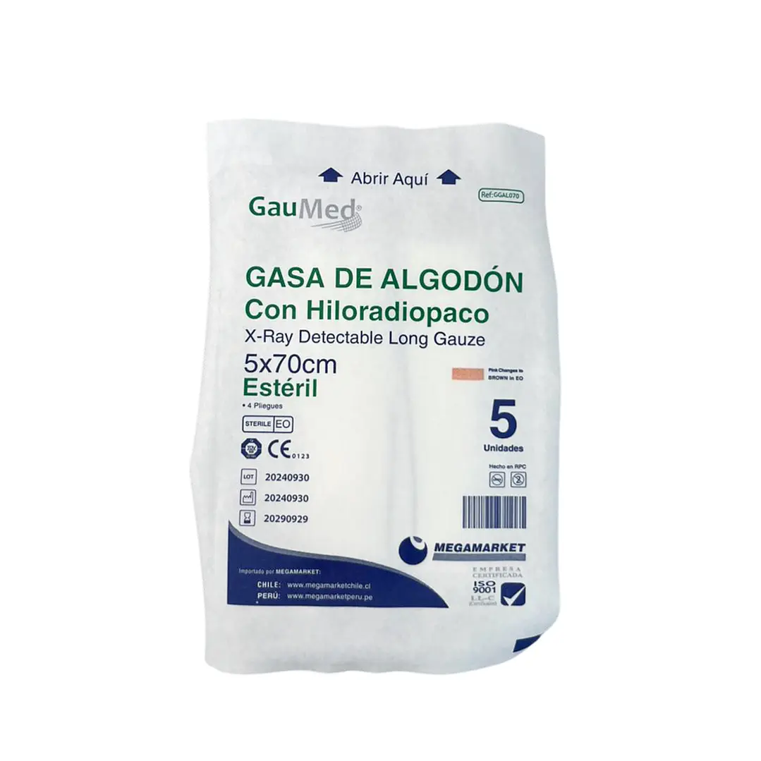 Gasa de Algodón Estéril con Hilo Radiopaco 5 x 70 cm - Gaumed - Ref. GGAL070 2