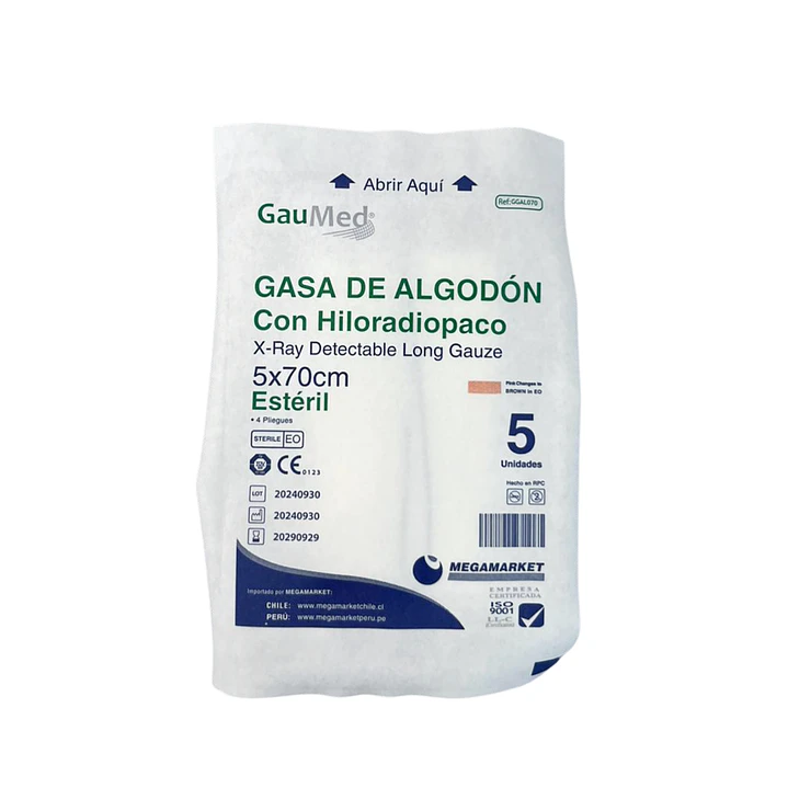 Gasa de Algodón Estéril con Hilo Radiopaco 5 x 70 cm - Gaumed - Ref. GGAL070 2