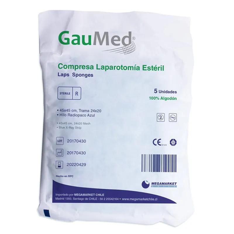 COMPRESA LAPAROTOMÍA ESTÉRIL 45CMX45CM. Paquete con 5 unidades estériles.
