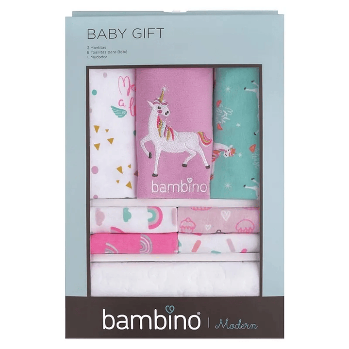 Bambino Baby Gift  - Set de Regalo 3 Mantitas/8 Toallitas para Bebé / 1 Mudador Rosa 2