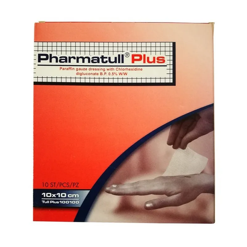 Apósito Gasa Parafinada + Clorhexidina Pharmatull Plus 10x10 cm — Pharmaplast (Ref. TULLPLUS100100)
