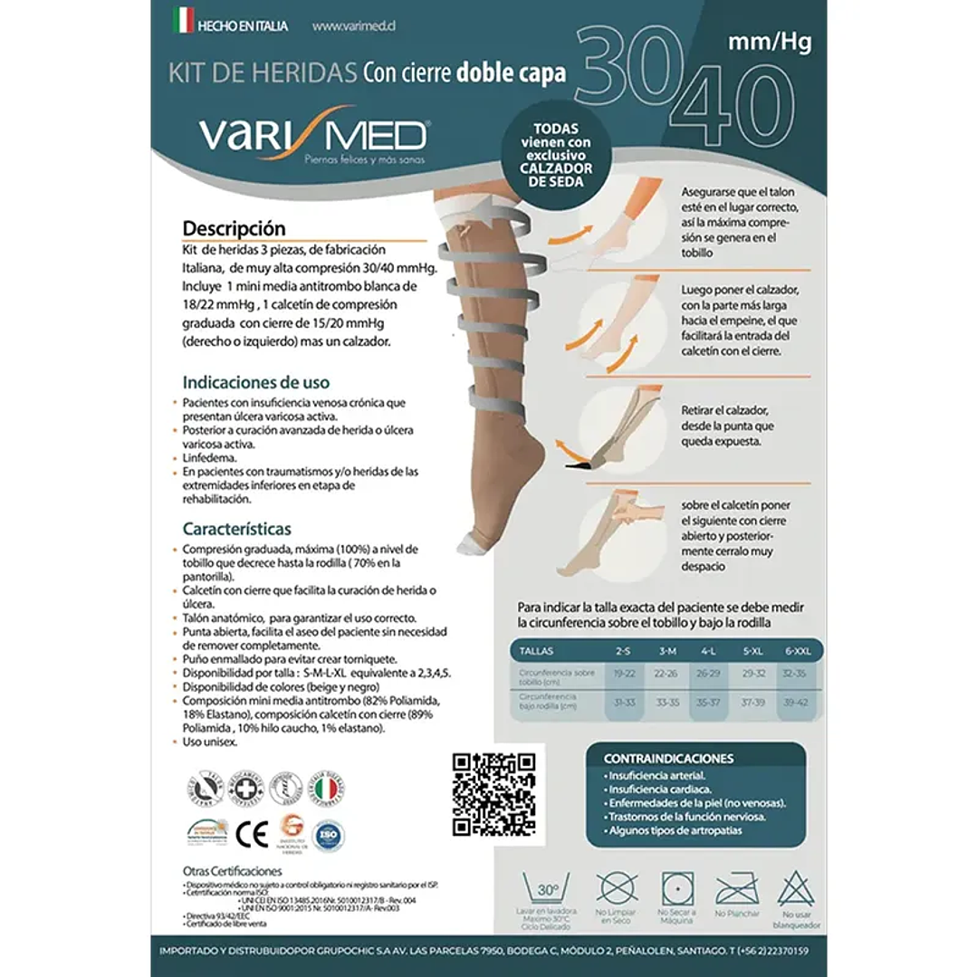 Kit de Heridas Calceta Varimed 30-40 mmHg - 3 Piezas - Cierre Derecho - REF. 9030 1