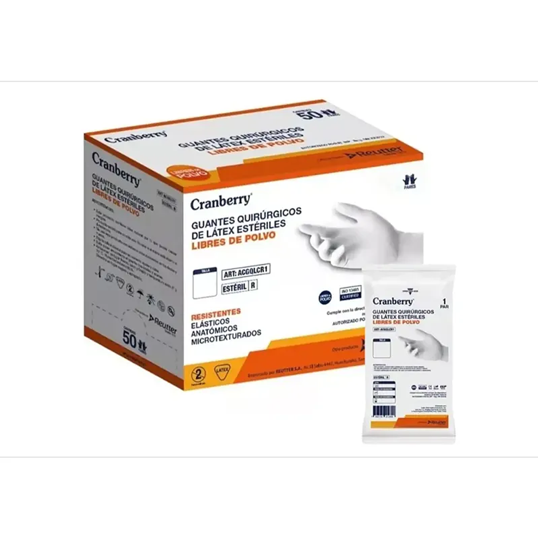 Guantes Quirúrgicos Látex Estériles Libre de Polvo - Cranberry - Tallas 1