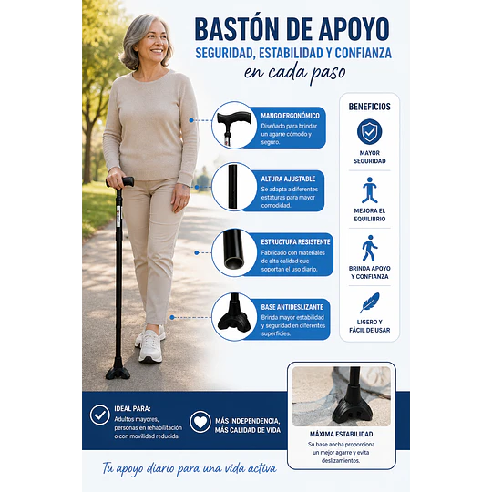 Bastón De 3 Apoyos Mango En Goma Ergonómico Liviano