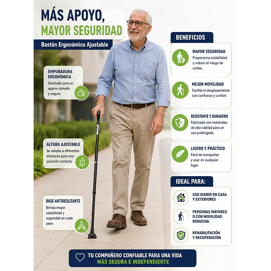 Bastón De 3 Apoyos Mango En Goma Ergonómico Liviano