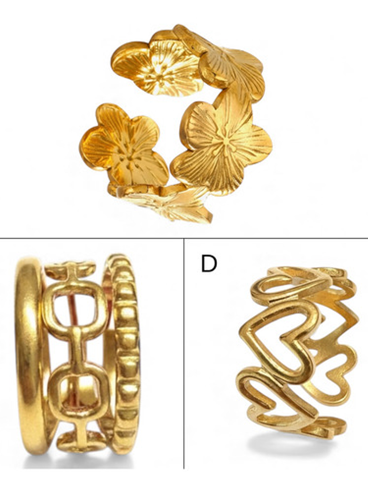 Set 3 Anillos Ajustable Oro18k Sobre Acero Inoxidable Orvia 1