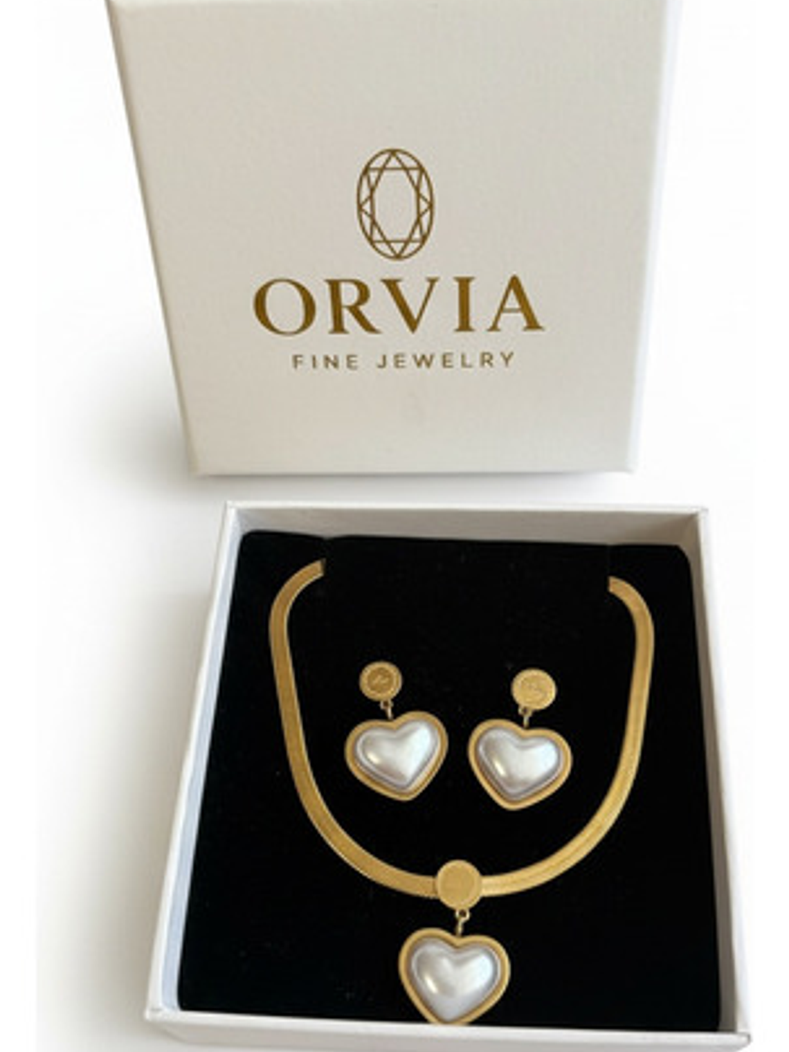 Collar + Aros Corazón Oro 18k Acero Inoxidable Perla Orvia 1