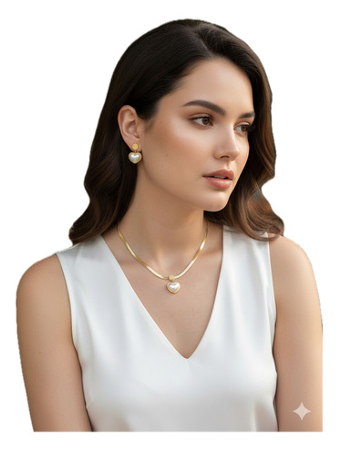 Collar + Aros Corazón Oro 18k Acero Inoxidable Perla Orvia 5