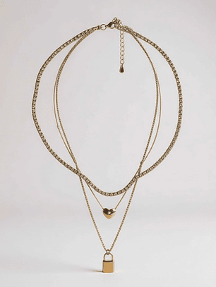 Collar Triple Con Cristales Corazón Y Candado Orvia Regalo