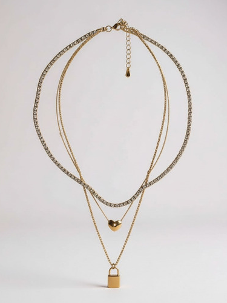 Collar Triple Con Cristales Corazón Y Candado Orvia Regalo 1