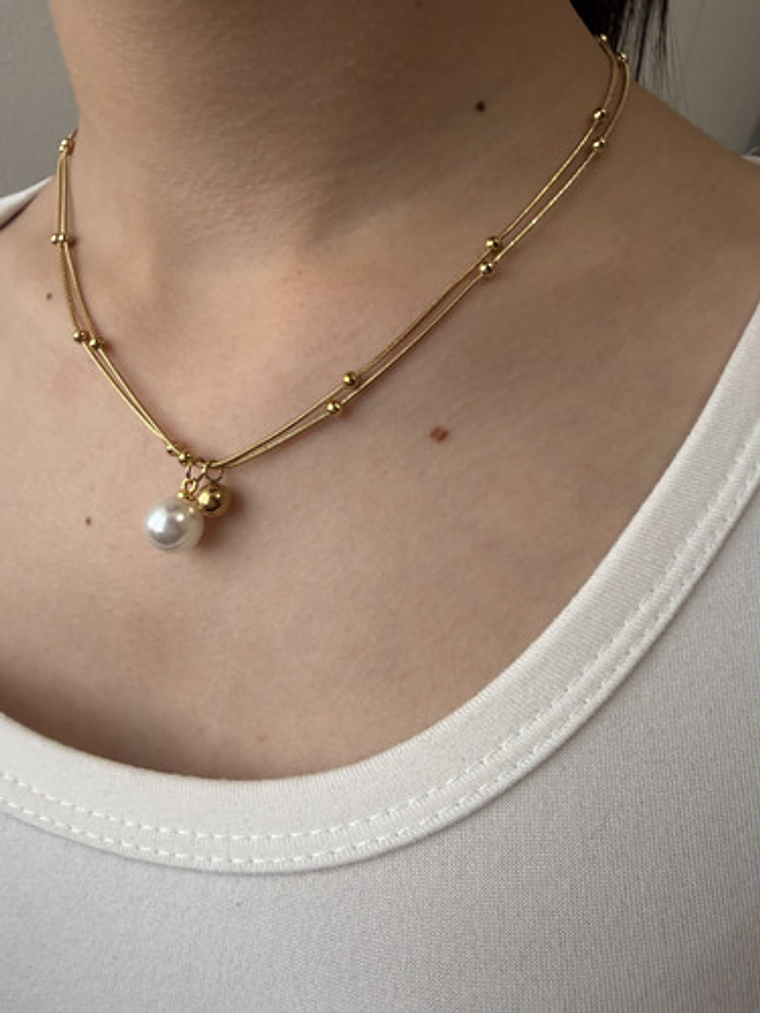 Collar Cadena Doble Con Perla Acero Inoxidable Caja Orvia 3