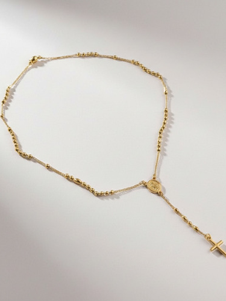 Collar Rosario Dorado Con Cruz Acero Inoxidable Mujer Orvia 1