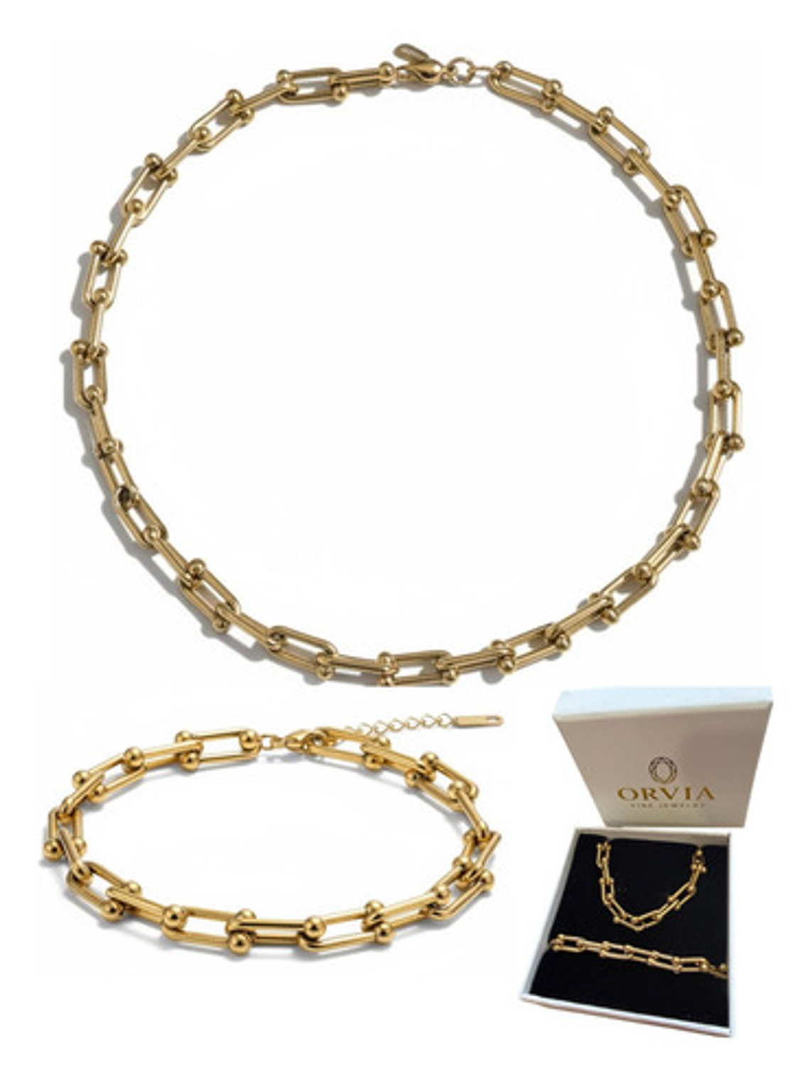 Set Collar + Pulsera Eslabones Acero Inoxidable Oro 18k Caja 1