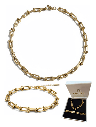 Set Collar + Pulsera Eslabones Acero Inoxidable Oro 18k Caja