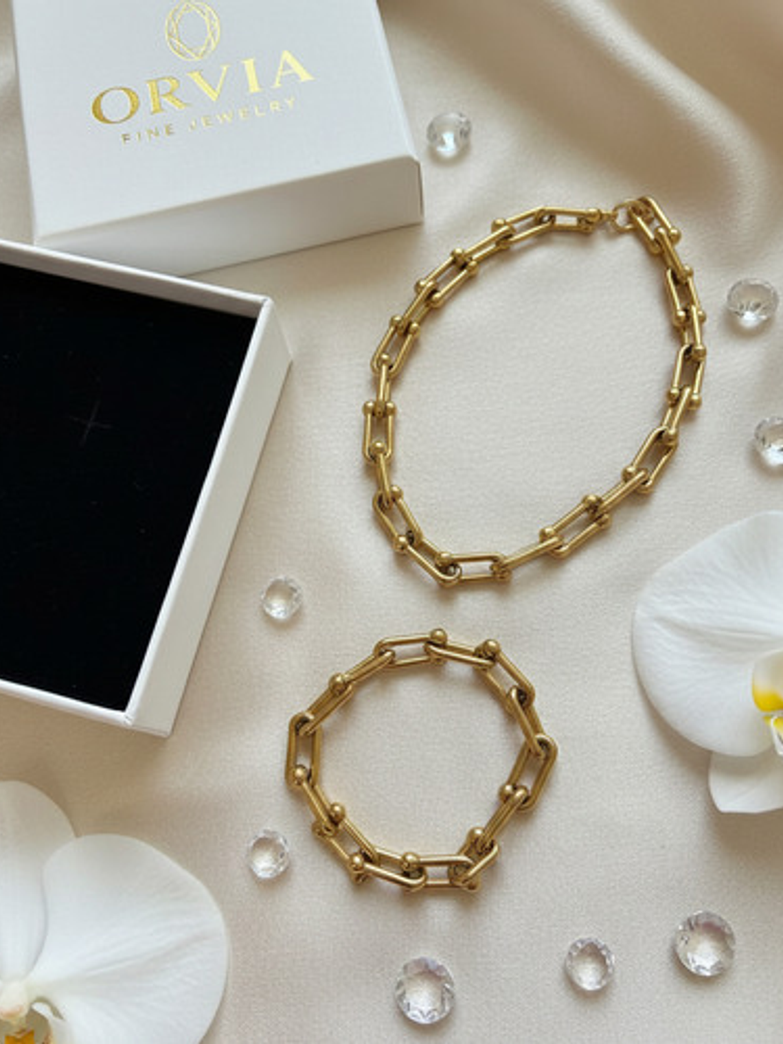 Set Collar + Pulsera Eslabones Acero Inoxidable Oro 18k Caja 3