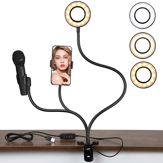 Anillo de luz con clip para Selfie, con soporte para micrófono y soporte para teléfono - Image 1